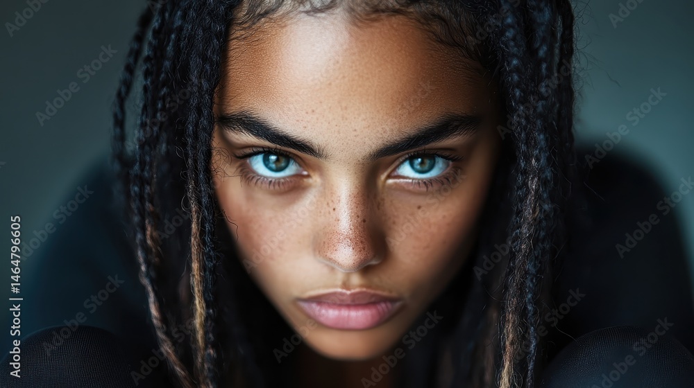 A captivating close-up portrait of a young woman with braided hair. Her piercing blue eyes and striking features convey depth, beauty, and emotion in an artistic manner. A captivating close-up portrait of a young woman with braided hair. Her piercing blue eyes and striking features convey depth, beauty, and emotion in an artistic manner.