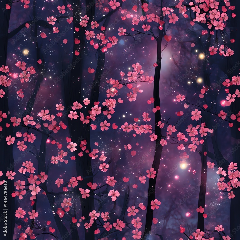 A beautiful illustration of cherry blossoms against a starry night background. Seamless pattern.