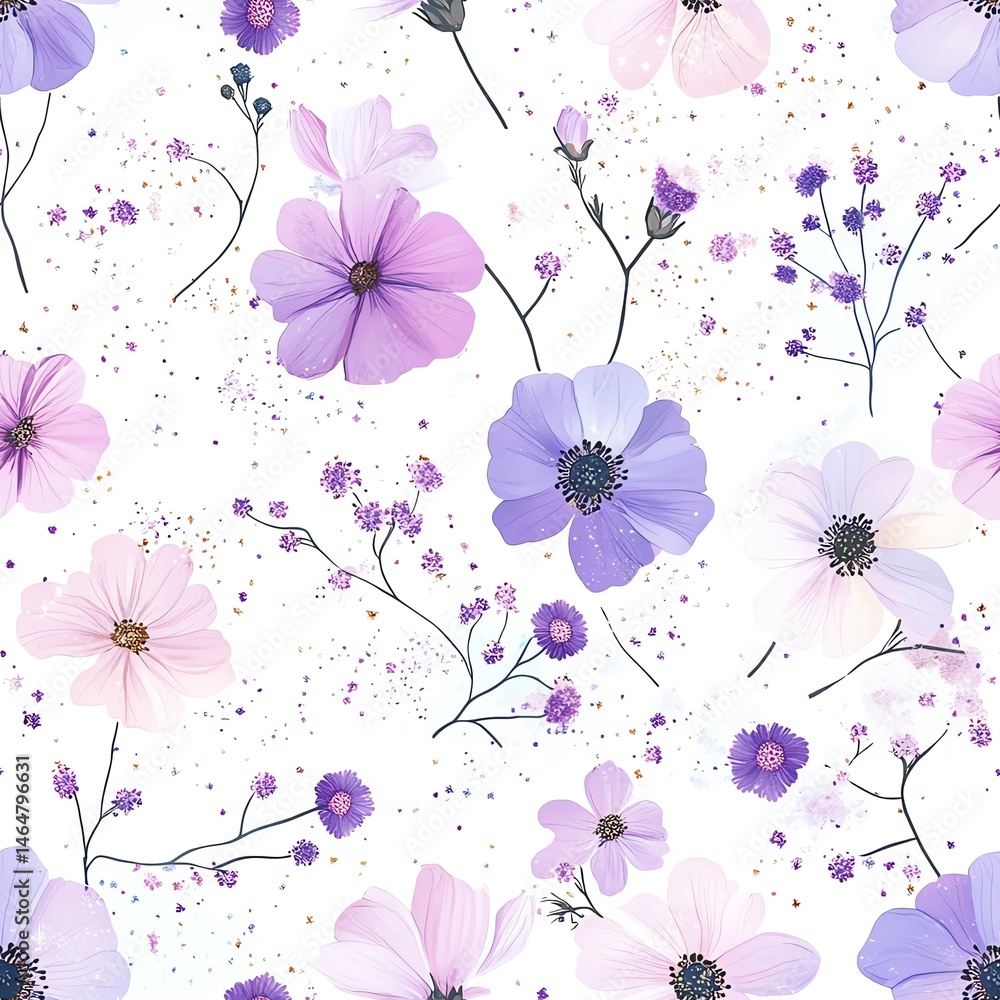 A beautiful pattern of delicate purple flowers on a clean white background. Seamless pattern.