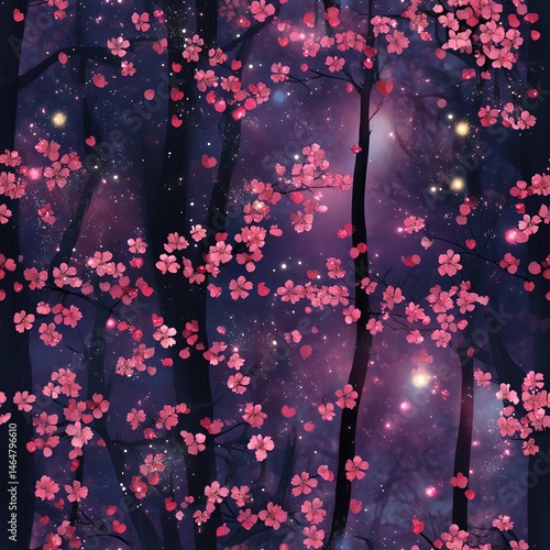 Obraz na płótnie A beautiful illustration of cherry blossoms against a starry night background. Seamless pattern. w salonie