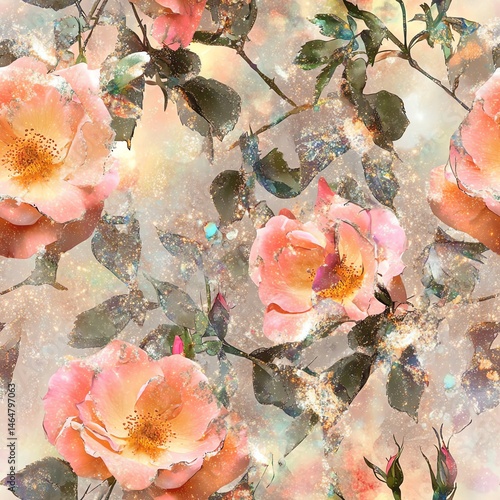 Obraz na płótnie A beautiful pattern of pink roses with delicate details, set against a soft background. Seamless pattern. w salonie