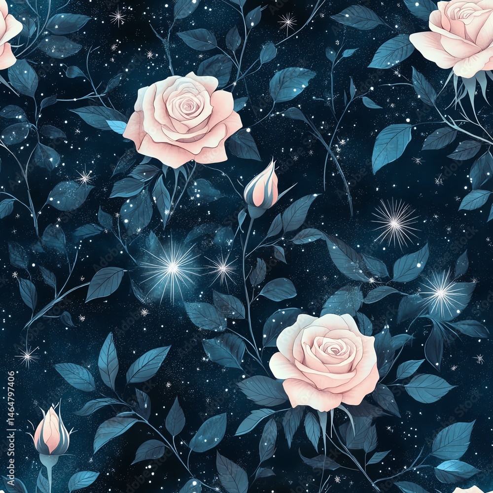 A mesmerizing floral pattern featuring pink roses against a dark, starry background. Seamless pattern.