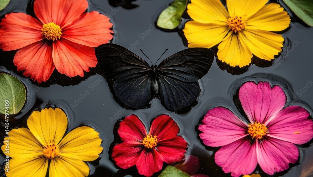 Vibrant flowers and butterfly, dark background Vibrant flowers and butterfly, dark background