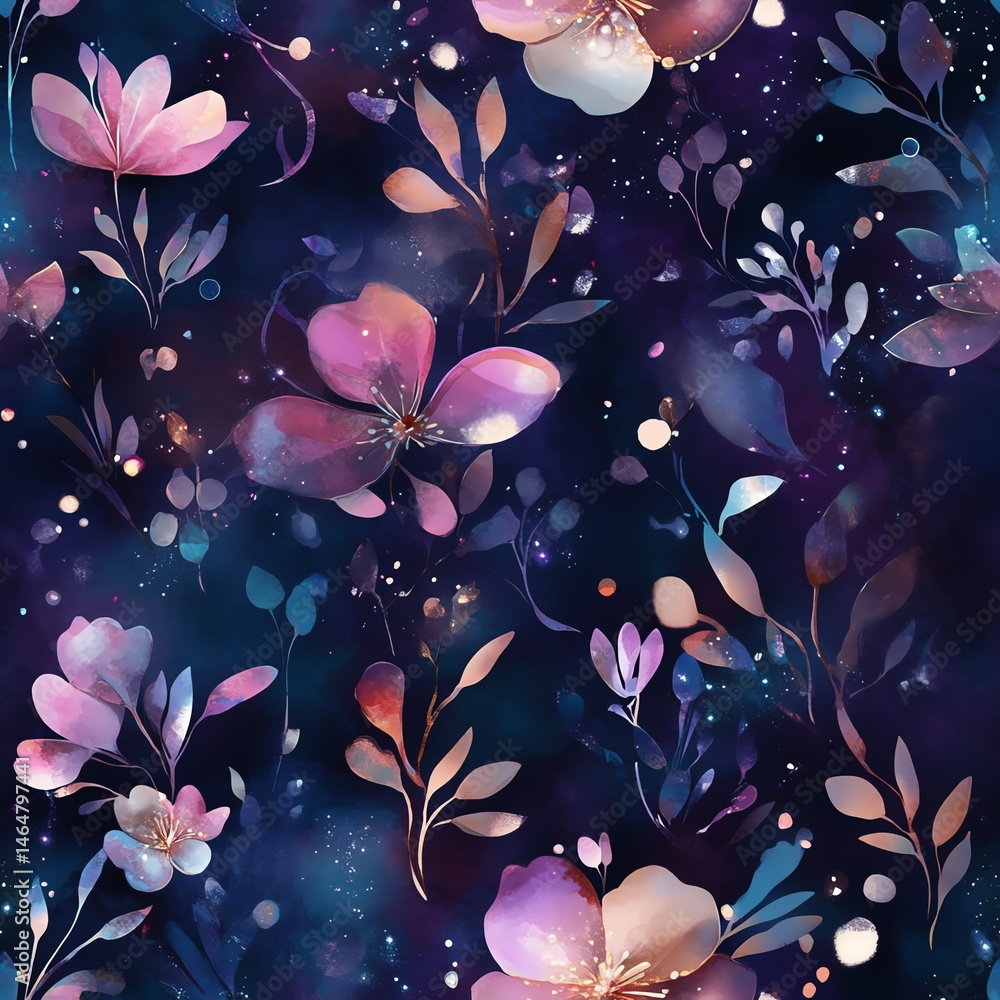A vibrant floral pattern featuring colorful flowers and leaves against a dark background. Seamless pattern.