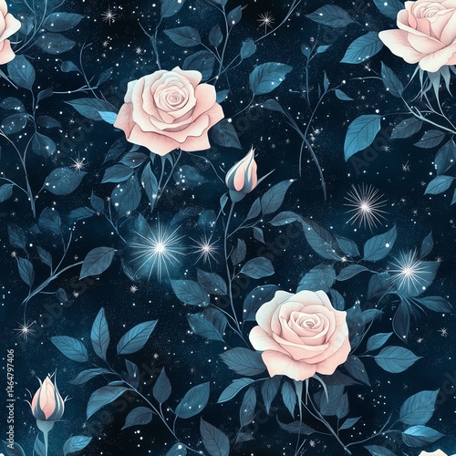 Obraz na płótnie A mesmerizing floral pattern featuring pink roses against a dark, starry background. Seamless pattern. w salonie