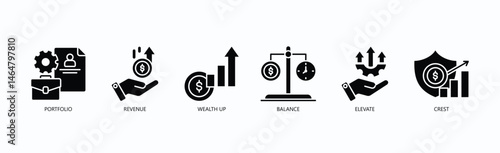 Growth And Success Icon Set Isolated Vector With Icon Of Portfolio, Revenue, Wealth Up, Balance, Elevate, Crest In Glyph Style