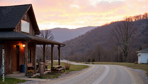 Rustic Indiana style general stores sitting on the roadside at sunrise in a scenic autumn valley