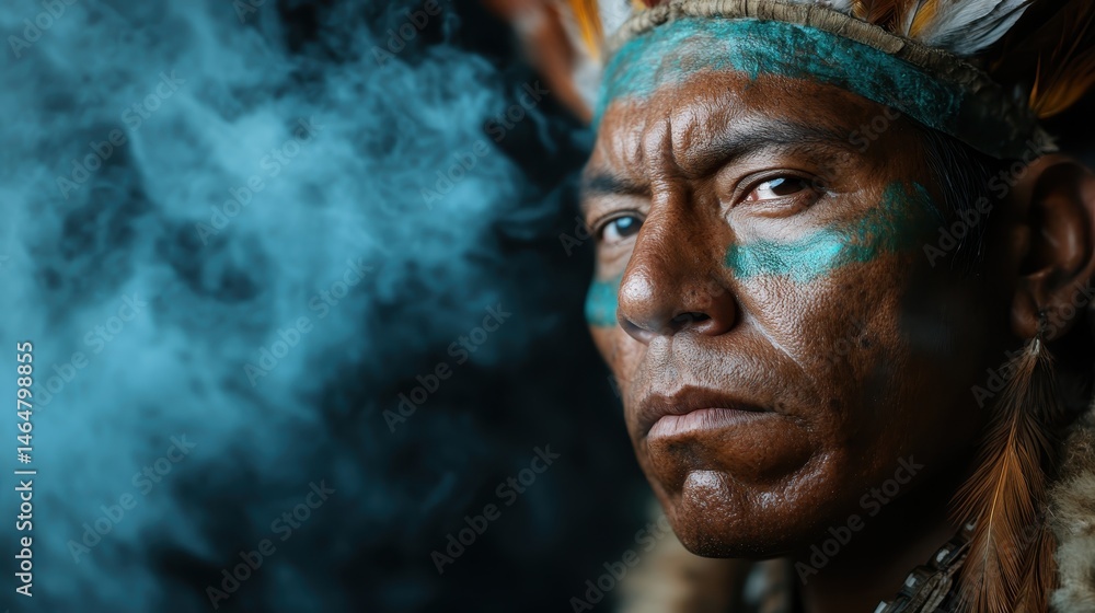 A striking portrait of an Indigenous person adorned with tribal face paint and traditional attire, capturing strong cultural identity and connection to heritage against a moody background. A striking portrait of an Indigenous person adorned with tribal face paint and traditional attire, capturing strong cultural identity and connection to heritage against a moody background.
