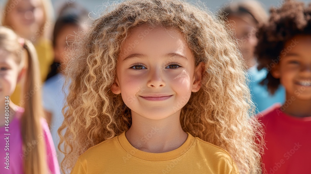 Young Girl with Curly Hair Smiling in Front of a Diverse Group of Children During Outdoor Event Young Girl with Curly Hair Smiling in Front of a Diverse Group of Children During Outdoor Event