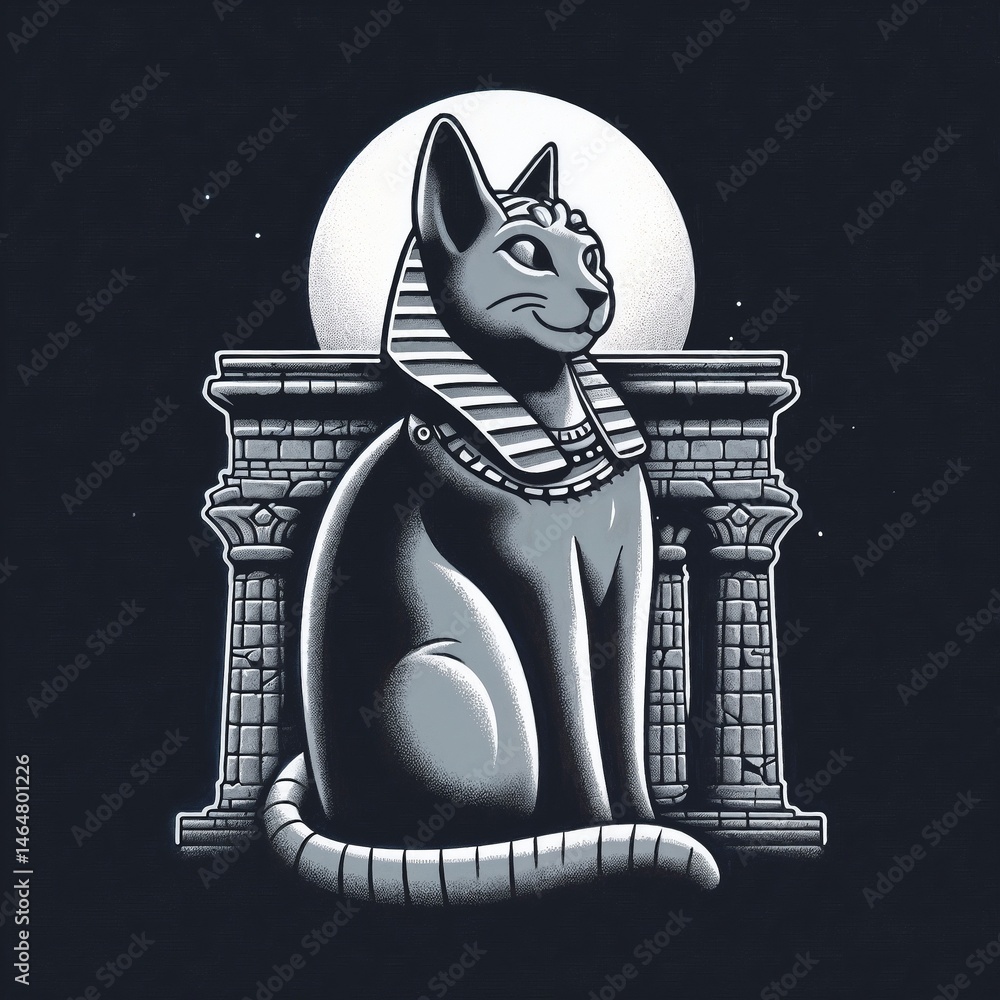 Ancient Egyptian cat idol with pharaoh headdress against moonlit backdrop