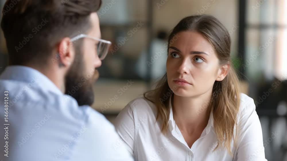 Two people in discussion, serious expressions. Two people in discussion, serious expressions.