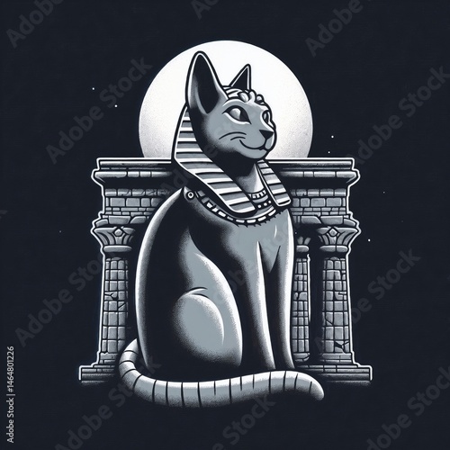 Obraz na płótnie Ancient Egyptian cat idol with pharaoh headdress against moonlit backdrop w salonie
