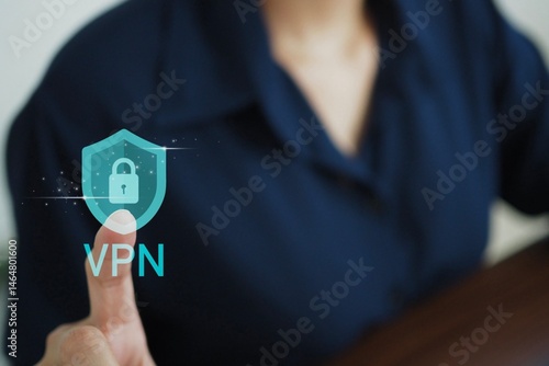 Woman touching VPN symbol. Internet privacy encryption concept. VPN server network security. Cyber ​​security.