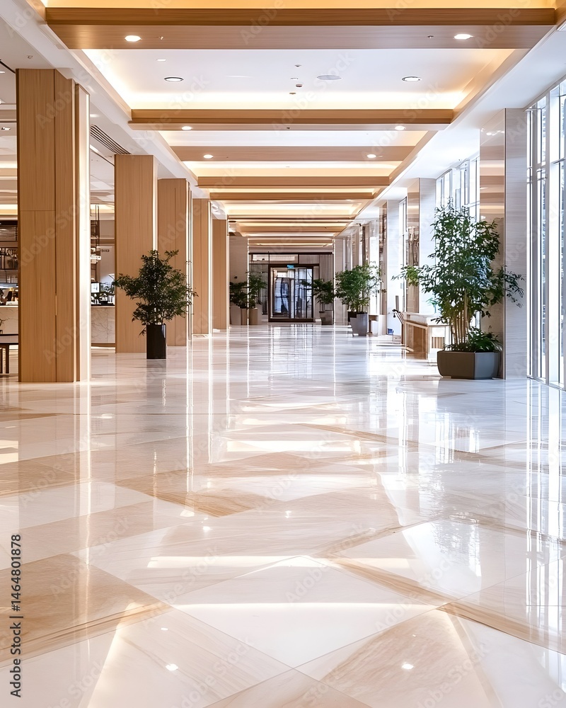 Obraz premium Elegant, bright hallway with marble floor, high ceilings, and potted plants