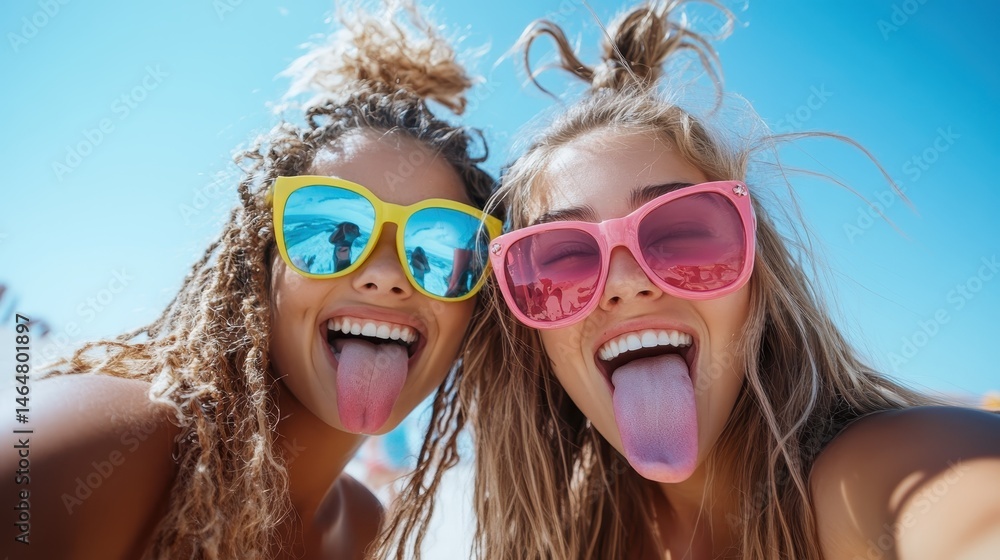 Two cheerful friends are enjoying a sunny day at the beach, laughing and posing together, encapsulating happiness and carefree moments amid vibrant blue skies and summer fun. Two cheerful friends are enjoying a sunny day at the beach, laughing and posing together, encapsulating happiness and carefree moments amid vibrant blue skies and summer fun.