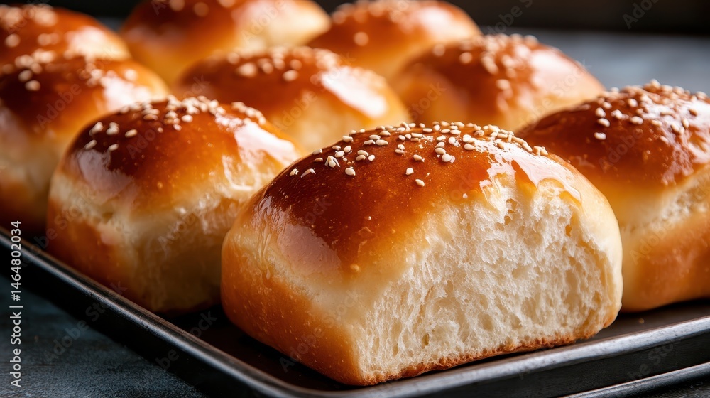 This image features a tray of freshly baked, golden-brown dinner rolls topped with sesame seeds, showcasing their fluffy texture and appetizing appearance. This image features a tray of freshly baked, golden-brown dinner rolls topped with sesame seeds, showcasing their fluffy texture and appetizing appearance.