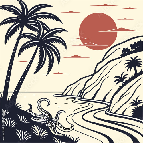 Scenic Coastal Artwork Featuring Palm Trees, Sunset, and Starfish on a Beach