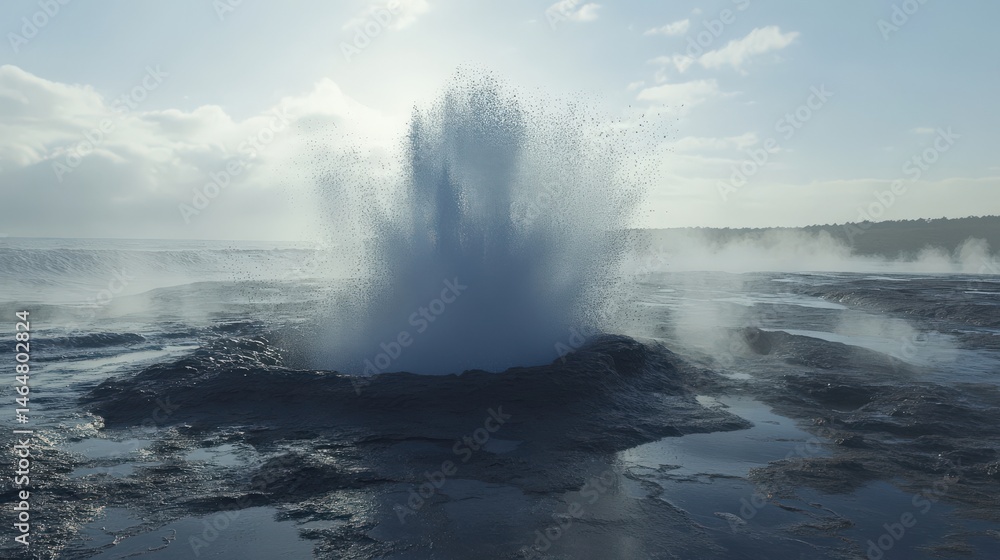 Obraz premium Powerful geyser eruption in a geothermal landscape.