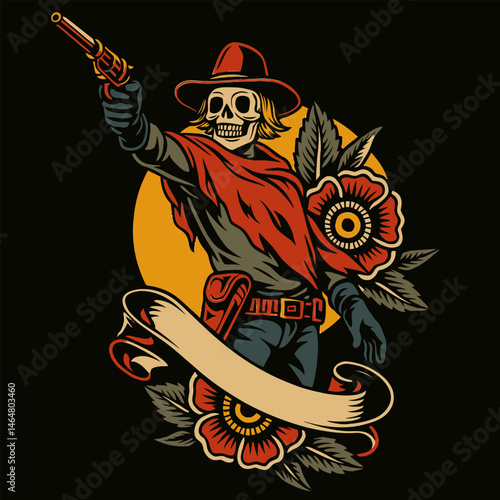 Skeleton Cowboy Aiming Revolver with Flowers and Banner Illustration