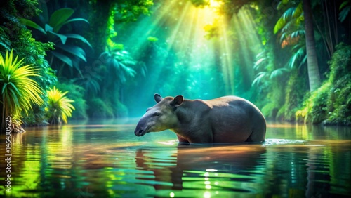 Fototapeta Naklejka Na Ścianę i Meble -  A tapir wading through a tranquil jungle stream, sunlight filtering through the lush canopy, creating a serene and magical atmosphere.