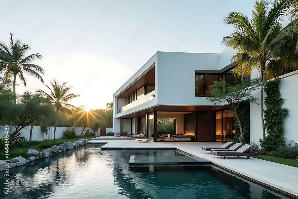 Fototapeta premium Luxurious Modern Villa with Pool and Landscaping at Sunset, Contemporary Architectural Design in a Tropical Setting. 