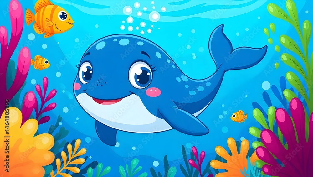 Fototapeta premium A vibrant, cartoon illustration depicting a friendly, stylized whale swimming amongst colorful coral and fish in an underwater scene.