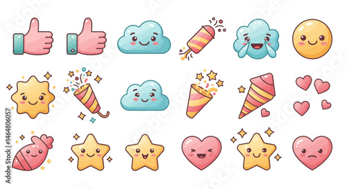 Cartoon Thumbs Up, Clouds, Stars, Rocket, and Party Popper with Confetti