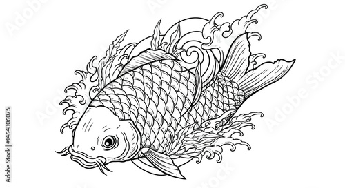 Detailed Line Art of a Koi Fish with Flowing Fins and Scales