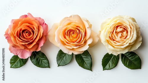 Three roses in pastel hues displayed on a white surface.