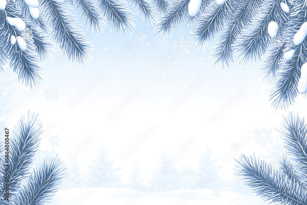 Obraz premium Winter scene with snow-covered branches framing a blank space. Light blue background, snow, and pine trees