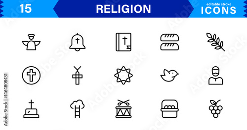 Modern Religion Icons Set. Vector Line Art Symbols for Faith, Belief, and Cultural Projects