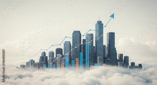 Cityscape with Financial Growth Chart Rising Above the Clouds, Upward Trend.