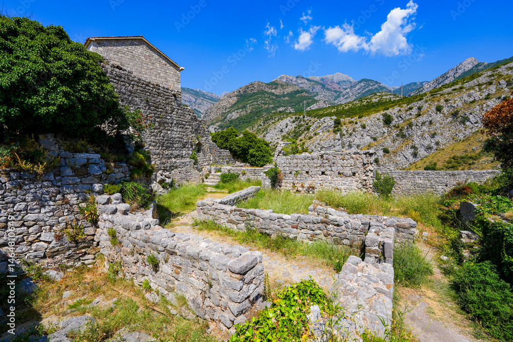 Fototapeta premium Stari grad Bar (Old Town of Bar), the ruins of an ancient walled city at the foot of Mount Rumija in Montenegro - It was successively part of the Byzantine, Venetian and Ottoman empires
