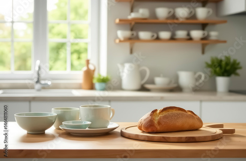 Wallpaper Mural A wooden kitchen board with a fresh loaf of bread surrounded by a variety of white ceramic plates and bowls. Torontodigital.ca