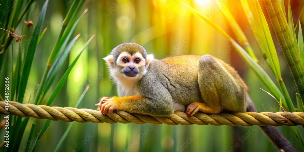 Obraz premium A common squirrel monkey rests on a thick rope, basking in the warm sunlight filtering through lush green foliage.