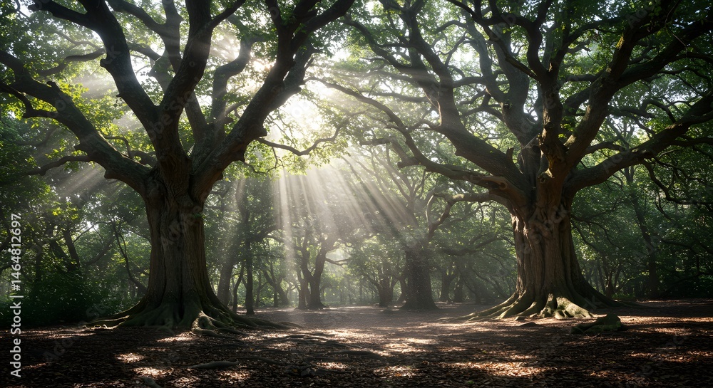 Fototapeta premium Sunlit forest scene with large trees and dappled light illuminating the landscape