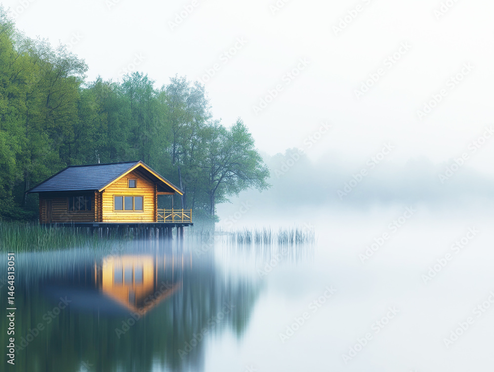 Fototapeta premium Tranquil wooden cabin by calm lake surrounded by misty forest at dawn