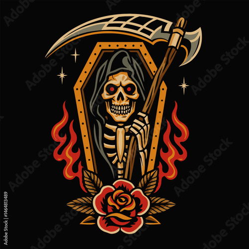Grim Reaper with Scythe Inside Coffin Surrounded by Flames and Rose