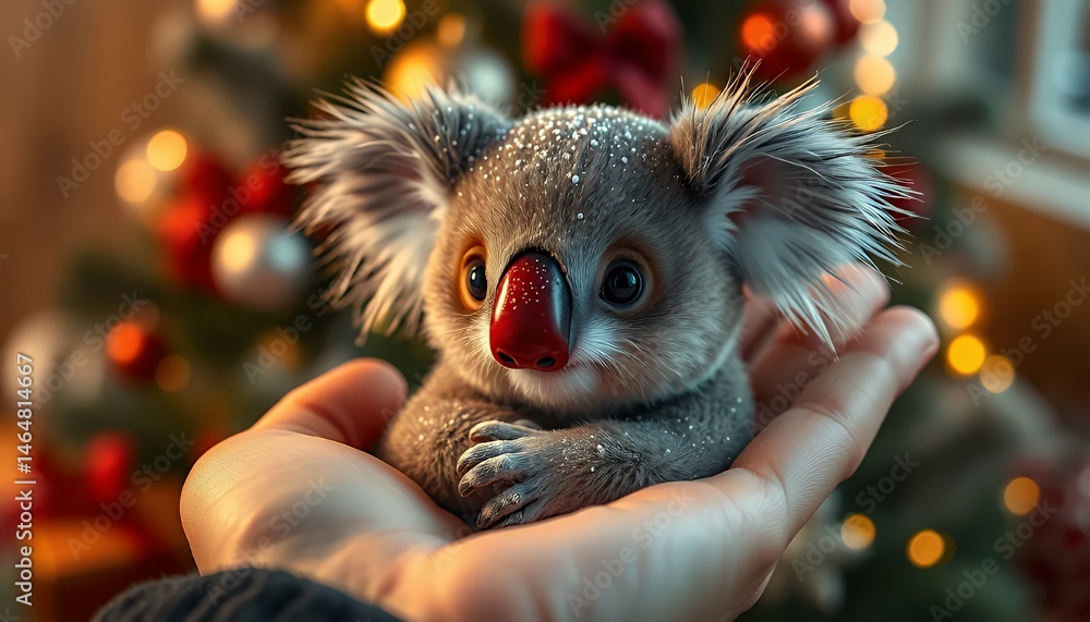 Fototapeta premium Adorable Gray Koala with Red Nose and Snow Held in Hand with Blurry Christmas Tree Backdrop Perfect for Festive Holiday Season Decoration