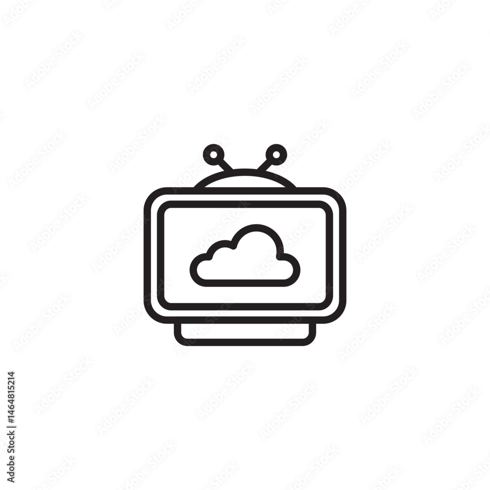 Naklejka premium A black and white icon of an old-fashioned television displaying a cloud symbol on its screen, suggesting cloud-based content or streaming services.