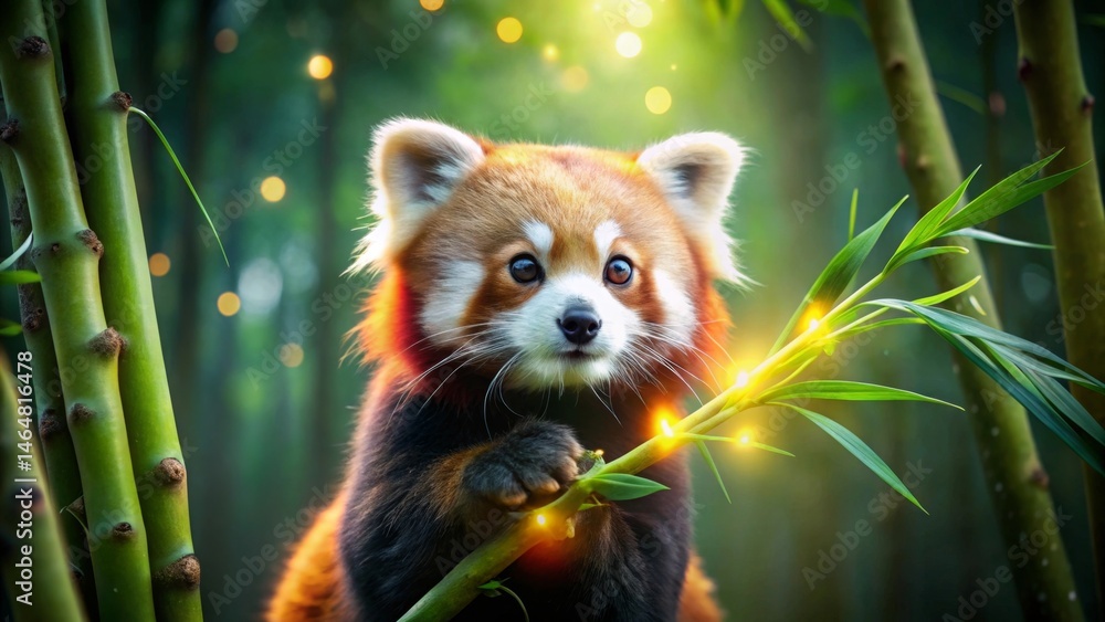 A Red Panda Cub Interacts with Bamboo in a Magical Forest Setting at Dawn A Red Panda Cub Interacts with Bamboo in a Magical Forest Setting at Dawn