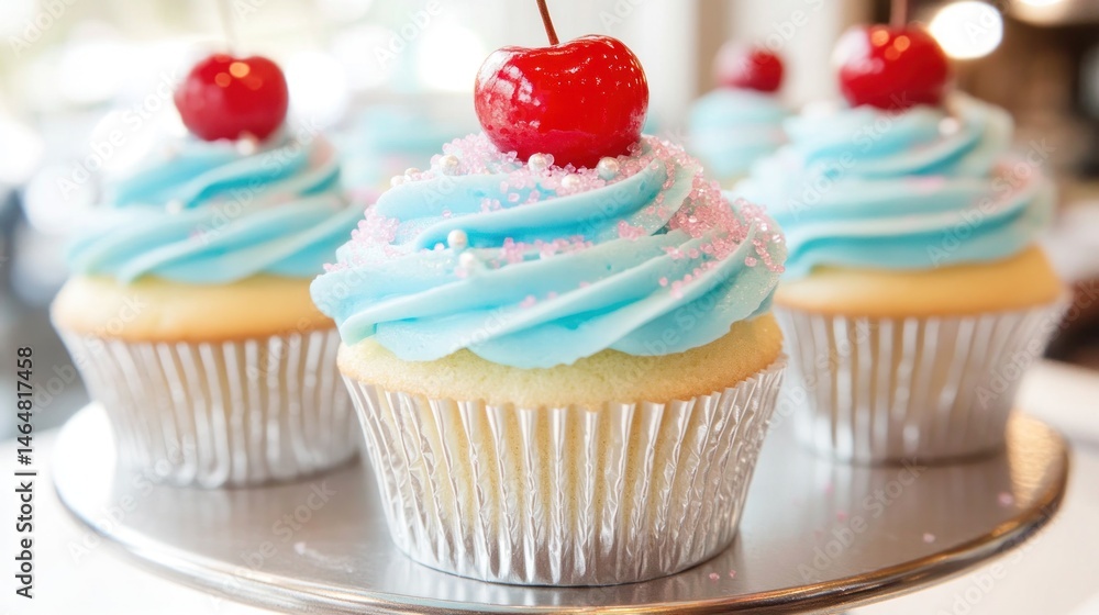 Sweet light blue frosted cupcakes with cherries. Sweet light blue frosted cupcakes with cherries.