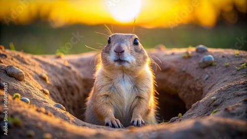 A prairie dog emerges from its burrow at sunset, bathed in the warm golden light, its curious gaze fixed on the viewer.
