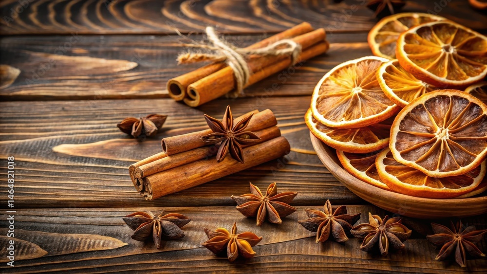 Aromatic winter spices and dried citrus fruit arranged on a rustic wooden surface Aromatic winter spices and dried citrus fruit arranged on a rustic wooden surface