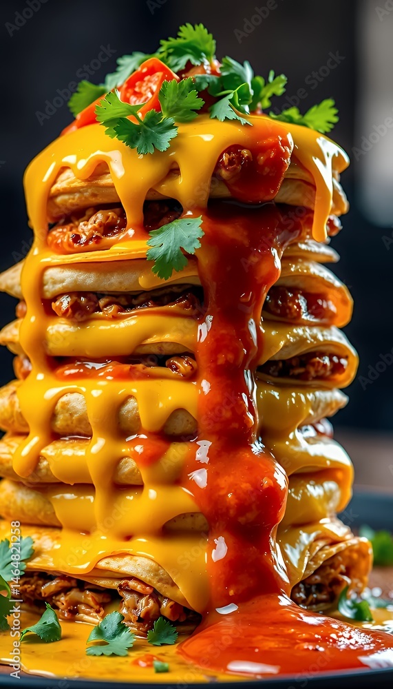 Obraz premium High Angle Shot of Stacked Quesadillas with Dripping Cheese and Red Sauce Garnished with Fresh Cilantro in Blurred Background Perfect for Restaurant Menu and Culinary Blog