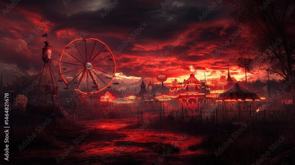 A desolate carnival scene under a fiery crimson sky. A desolate carnival scene under a fiery crimson sky.