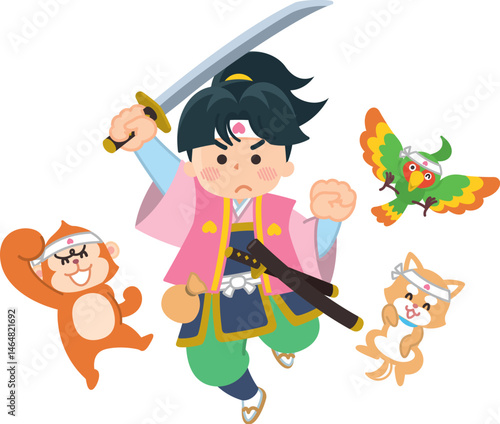 桃太郎と仲間がジャンプしている
