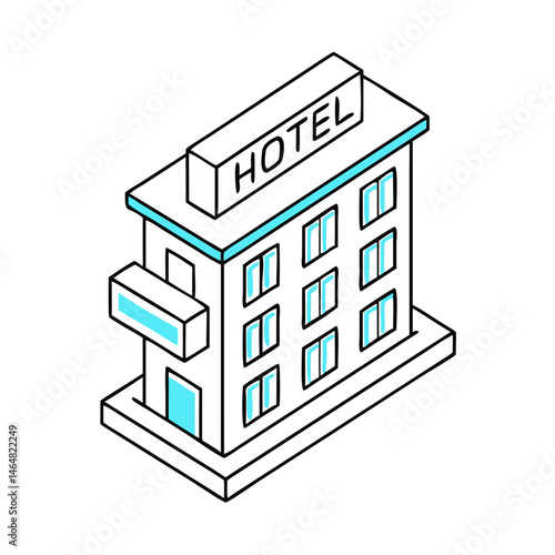 Modern hotel building in isometric style with blue accents  