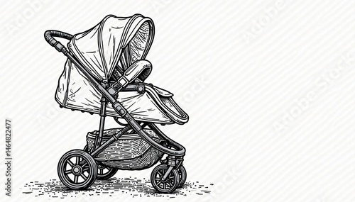 Bold line art stroller pattern, dark grey on white, geometric, seamless