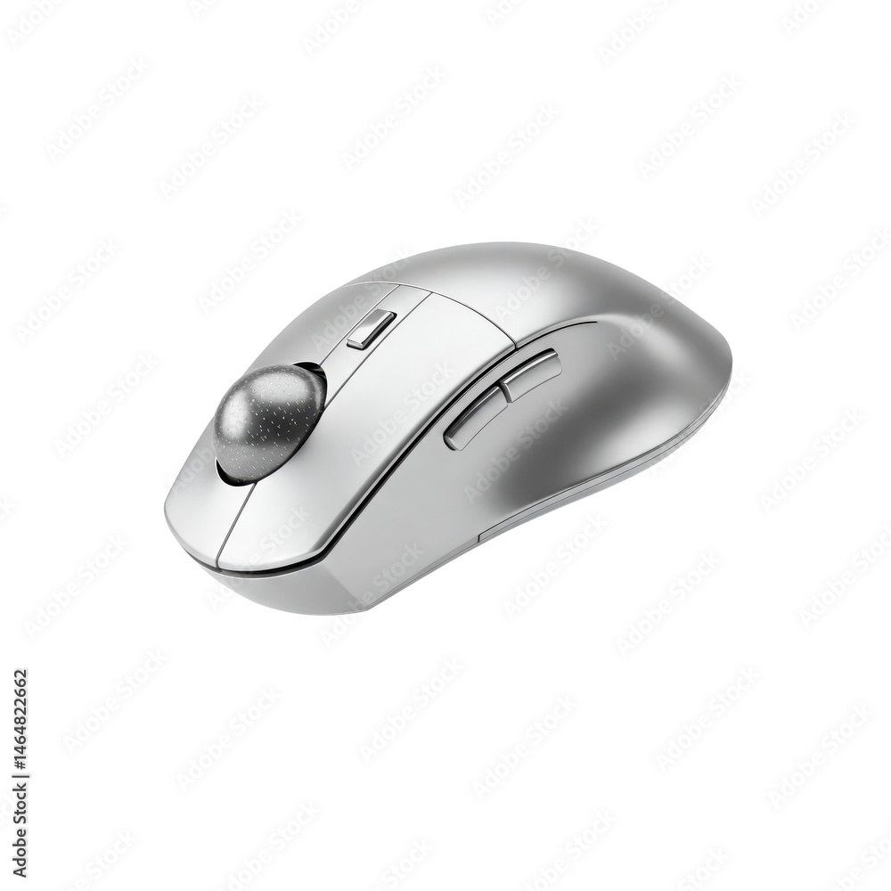 Floating silver ergonomic trackball mouse on a solid white background Floating silver ergonomic trackball mouse on a solid white background